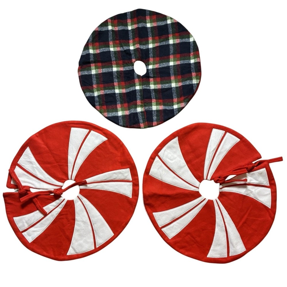 Mini Christmas Tree Skirts Lot Of 3 - Peppermint & Plaid 17" Holiday Small‎ Soft